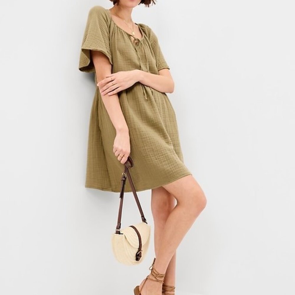 Crinkle Gauze Flutter-Sleeve Mini Swing Dress SIZE M Color Kombu